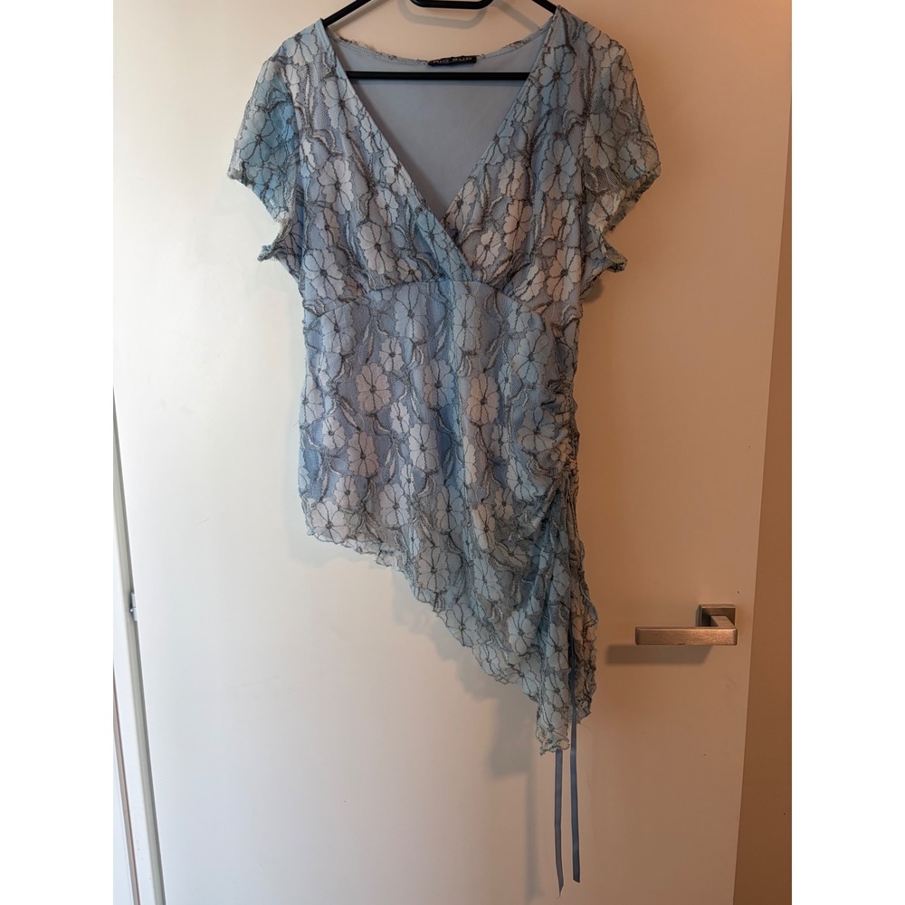 Vintage Y2K Floral Lace Asymmetrical sheer Ruched Top Metallic Silver XL Canada